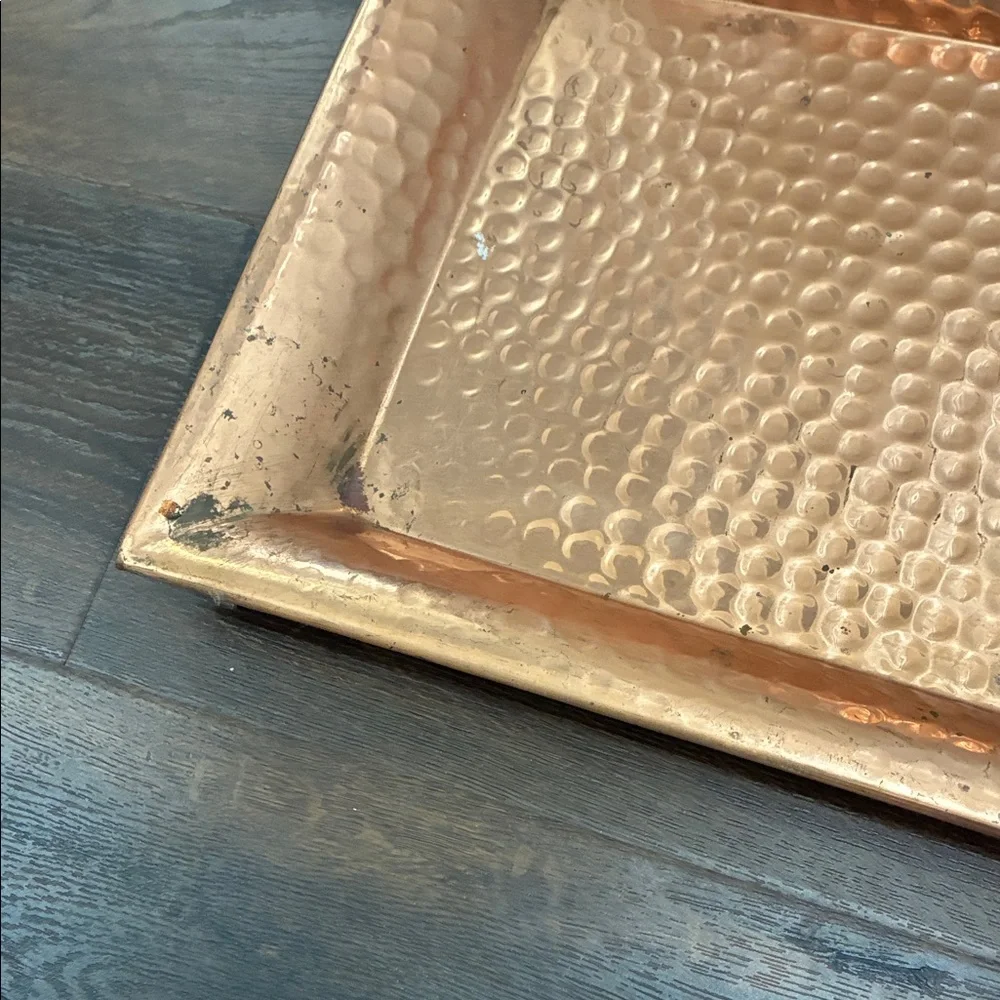 VINTAGE HAND CRAFTED ARTSAN  TRAY PLATTER SIGNED Hammered Copper Decor 28” x 14”